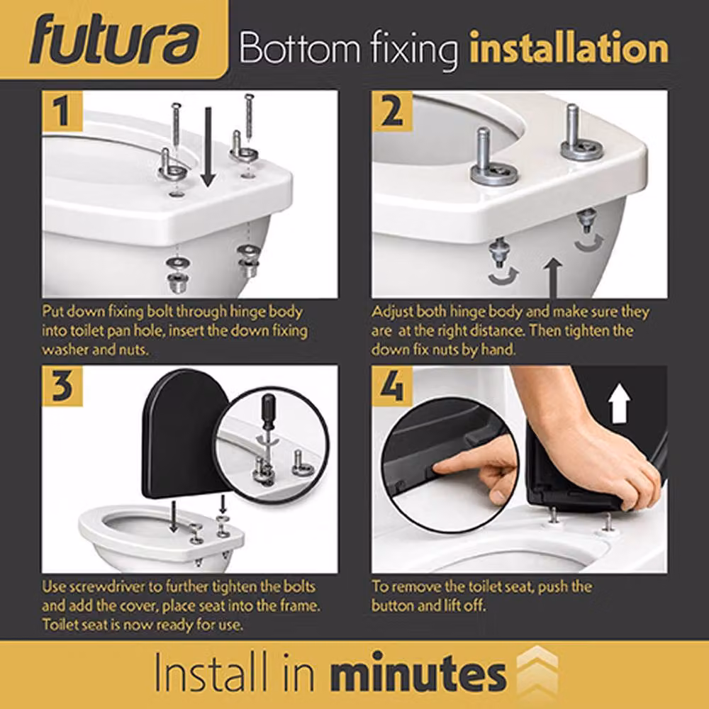 Futura D-Shaped Soft Close Toilet Seat in Black with Quick Release and Removable Features, W: 44.5 cm, D: 42.5 cm, H: 50 cm – 4