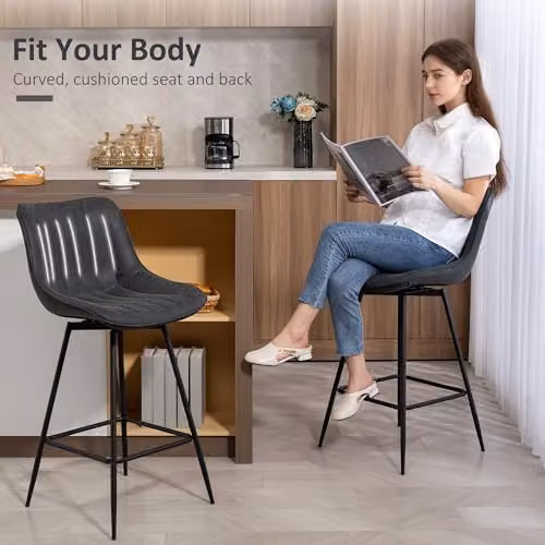 HOMCOM Set of 2 Black Synthetic Leather Swivel Bar Stools with Backrest and Height Adjustment – 6