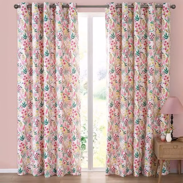 Catherine Lansfield Tilly Floral Reversible Ready Made Eyelet Curtains, Pink and Multicolour, W: 167.64 cm, H: 228.6 cm