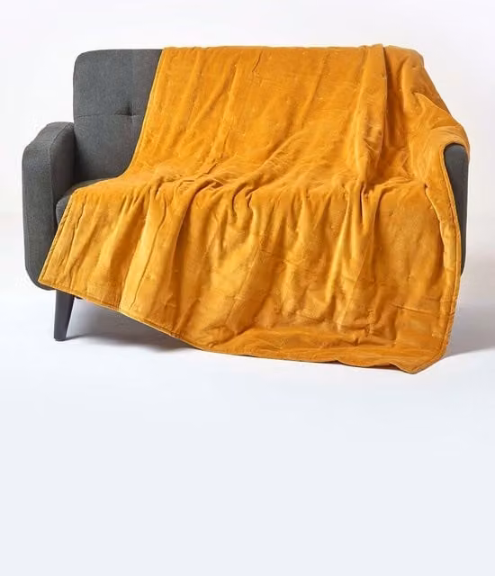 Homescapes Velvet Quilted Cotton Throw in Yellow, W/D/H: 150 x 200 cm – 1