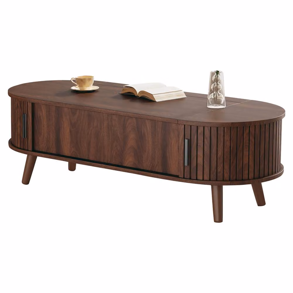 BTM Oval Lift-Up Coffee Table with Hidden Storage and Height Adjustment, Brown Wood – 5