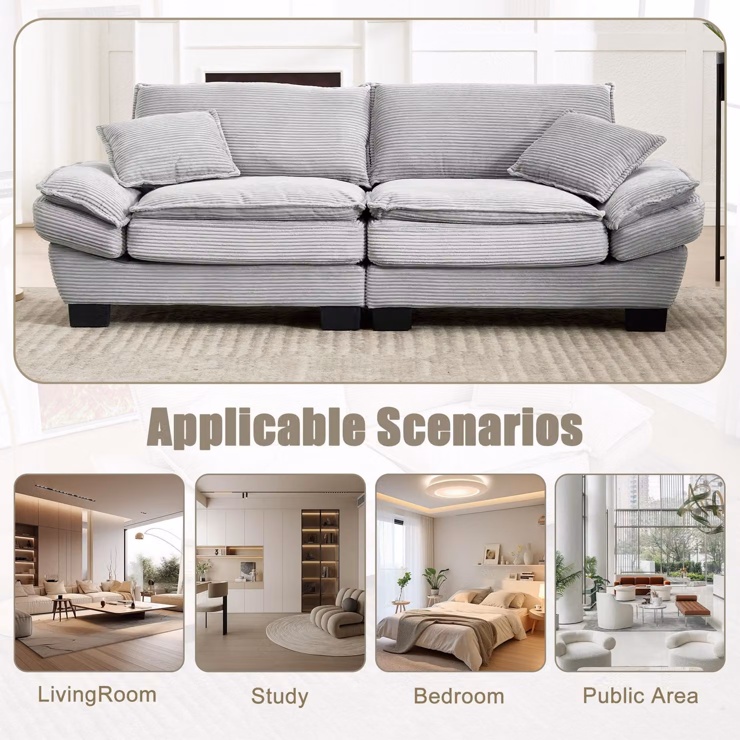 Aosom UK Oversized Two-Seater Modular Sofa in Light Grey, W/D/H: 224 x 81 x 81 cm – 3