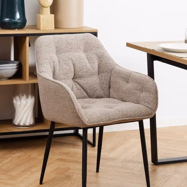 Furniture To Go Brooke Dining Chair Set of 2 with Armrests in Beige Bouclé Fabric and Black Metal Legs