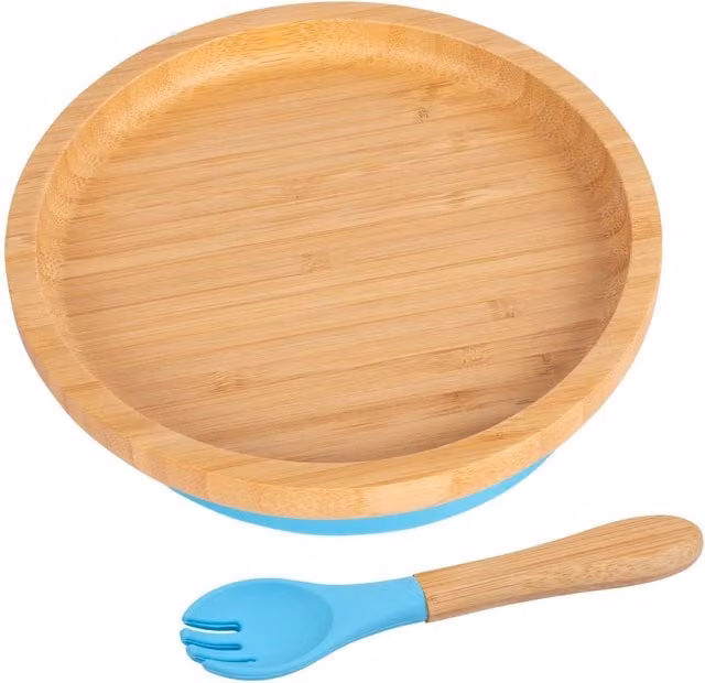 Tiny Dining Blue Bamboo Baby Weaning Suction Bowl and Fork Set