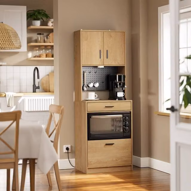 SoBuy Modern Tall Kitchen Credenza in Brown Wood with Hinged Doors and Internal Shelving – 1