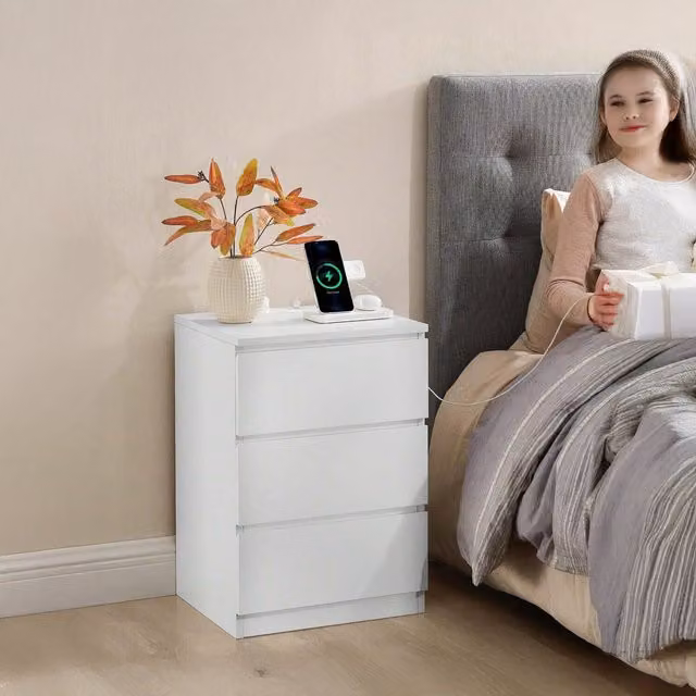 VASAGLE White Bedside Table with Power Strip and Drawers