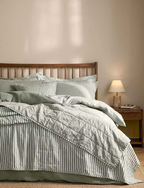 YARD Hebden Reversible Striped Quilted Cotton Bedspread in Light Green