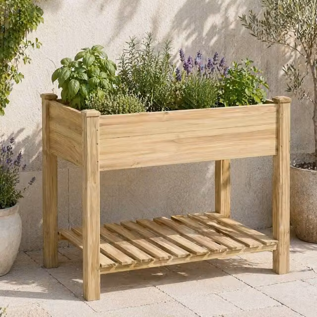 STILVORA Wooden Raised Planter with Storage Shelf in Brown or Sand, W/D/H: 91 x 51 x 76 cm – 1