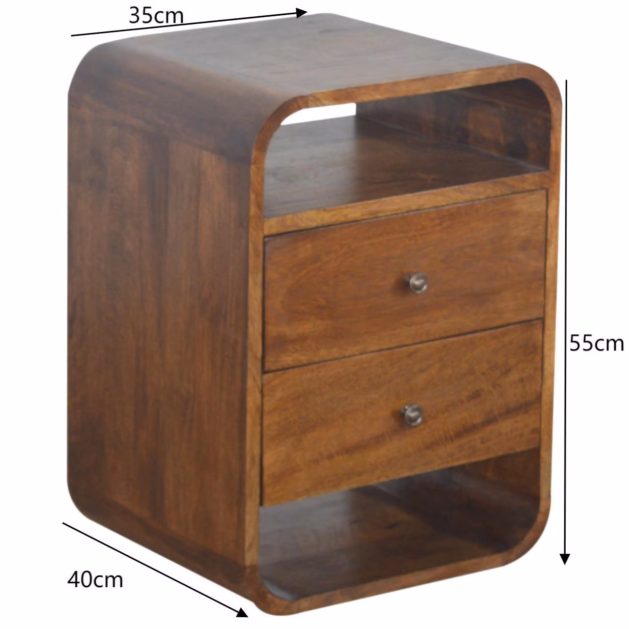 Aosom UK Solid Mango Wood Bedside Cabinet with 2 Drawers and 2 Open Slots, Brown, W: 35 cm, D: 40 cm, H: 55 cm – 3
