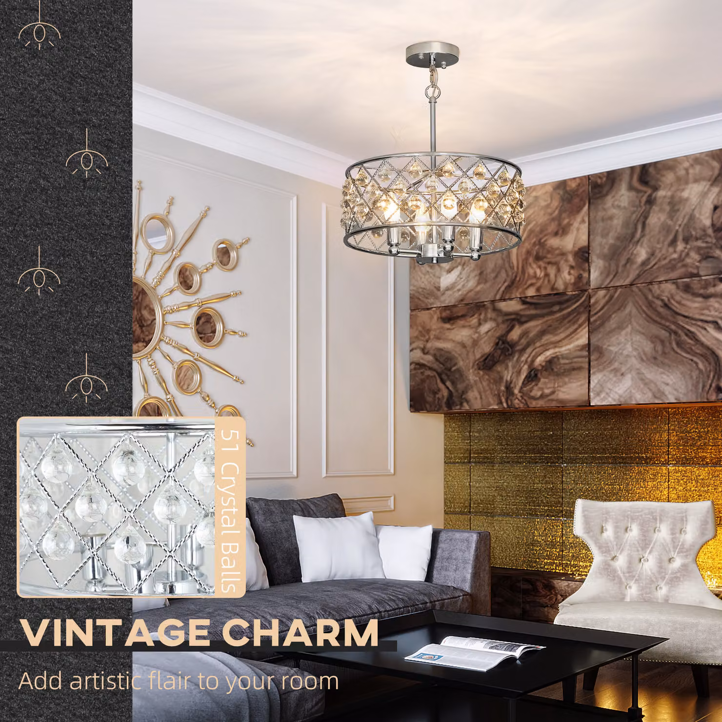 HOMCOM 51 Crystallite Four-Bulb Chandelier in Silver-Tone with Crystal and Metal Details, Height Adjustable – 3