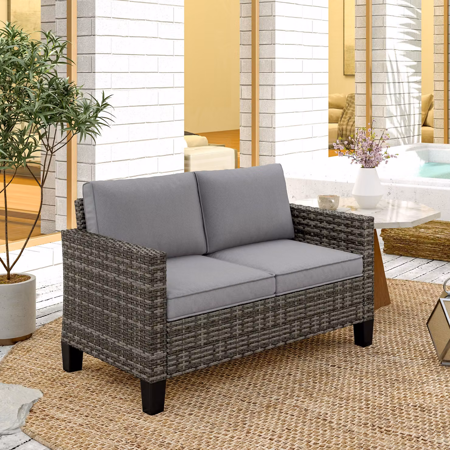 Outsunny Two-Seater Rattan Outdoor Sofa in Grey with Powder Coated Steel Frame and Removable Fabric Cushions – 8