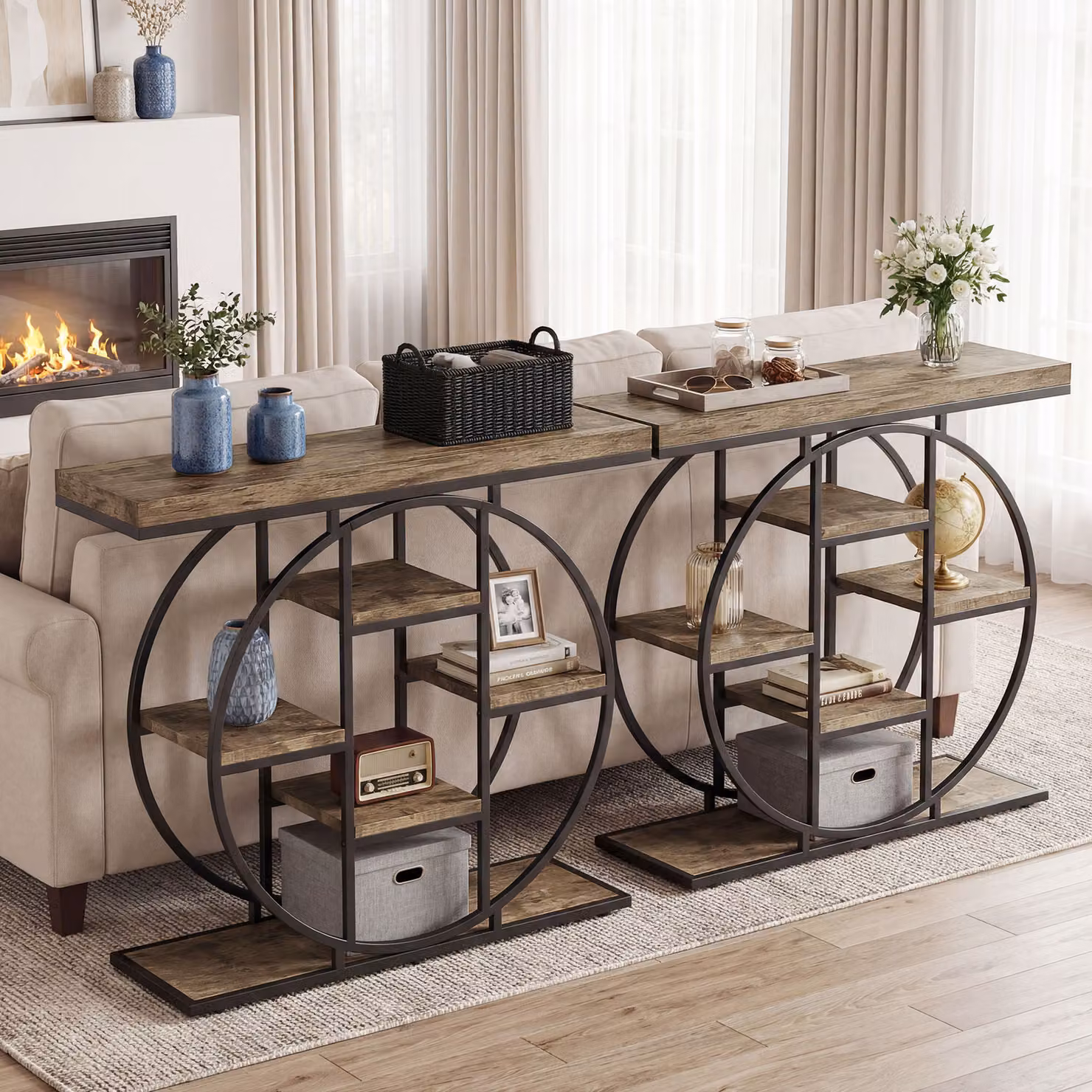 HOMCOM Industrial Console Table with Storage Shelves in Brown – 5