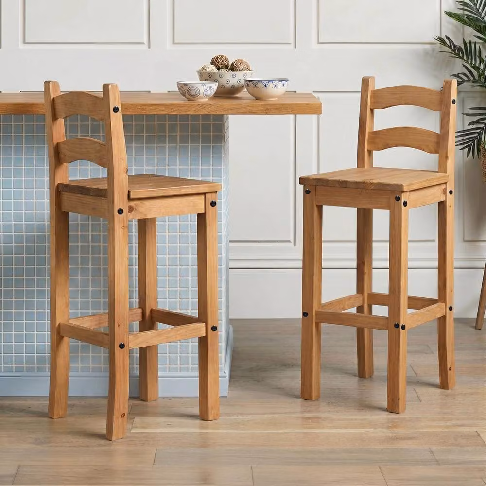 NESTLUNE Pair of Mexican Style Tall Bar Stools in Brown Solid Waxed Pine, H 100 cm x W 15 cm x D 15 cm – 4