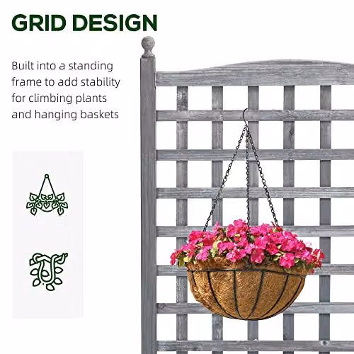 Outsunny Wooden Raised Garden Bed with Trellis, Grey, W/D/H: 64 x 28 x 120 cm – 3