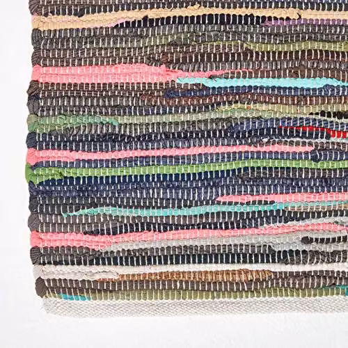 Homescapes Recycled Cotton Woven Chindi Rug, Multi Colour Stripes on White Base, W: 90 cm – 3