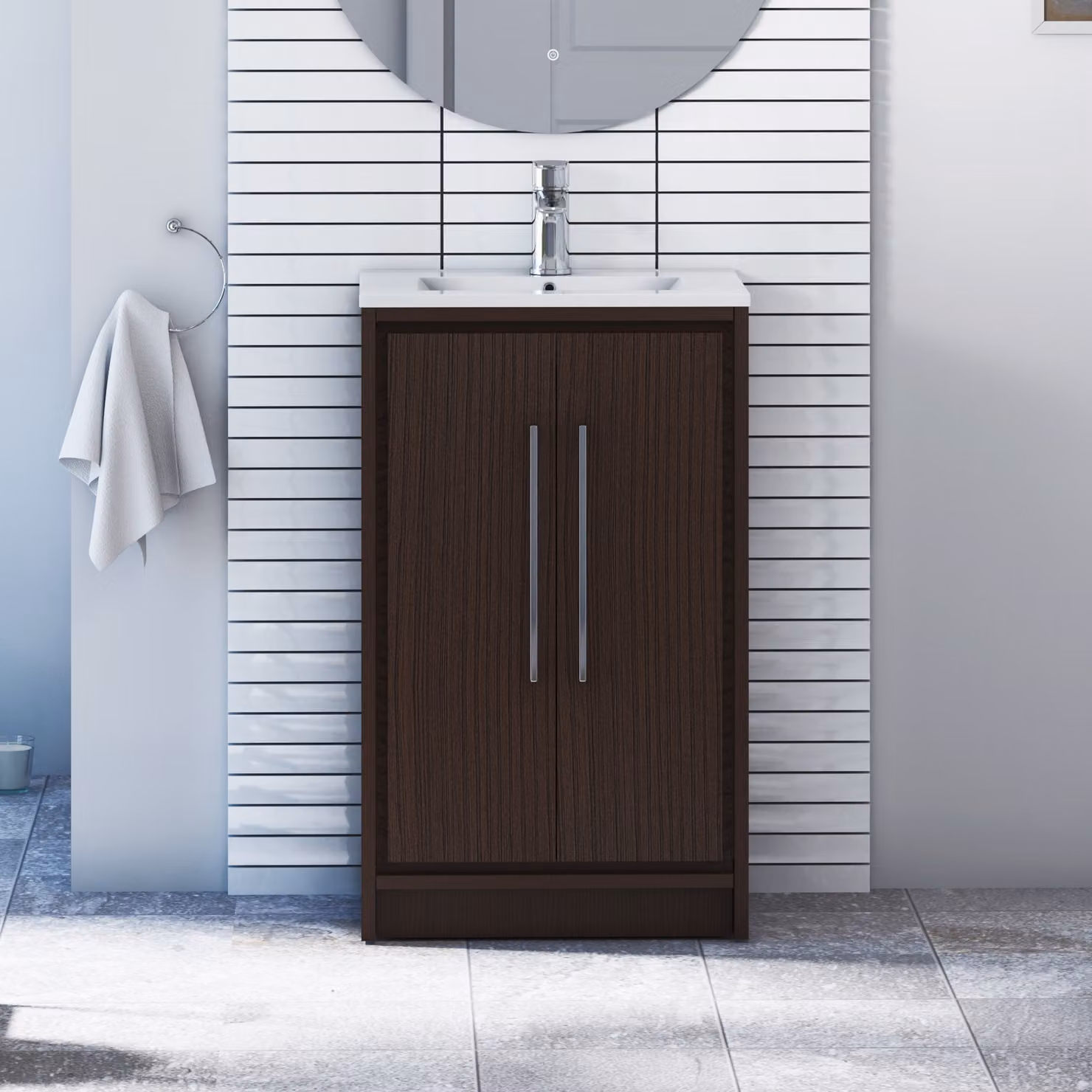 Livora Walnut Woodgrain Floor Standing 2 Door Bathroom Vanity Unit with Minimalist Basin, Width: 50 cm
