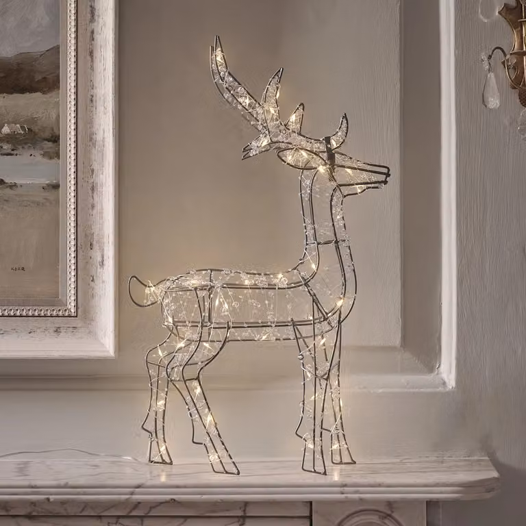 Lights4fun Beaded Metal Stag with 50 Warm White LED Bulbs in Silver, White and Transparent