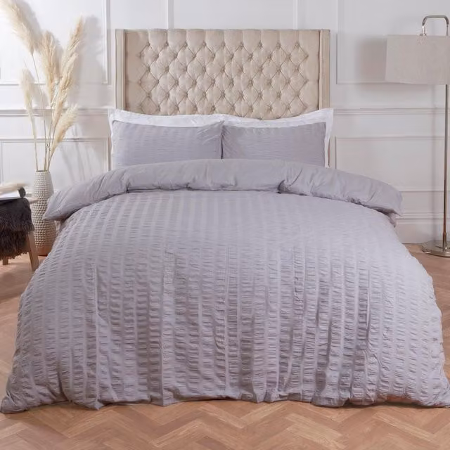 Highams Seersucker Duvet Cover and Pillowcase Bedding Set in Silver Grey Polycotton, W: 140 cm, L: 200 cm