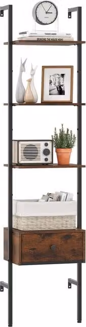 Costway Industrial Ladder Bookcase with Drawer in Brown
