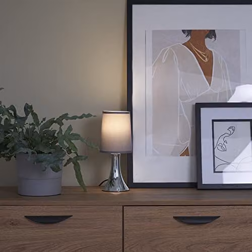 ValueLights MiniSun Modern Dimmable Touch Table Lamp with Chrome Base and Grey Fabric Shade – 3