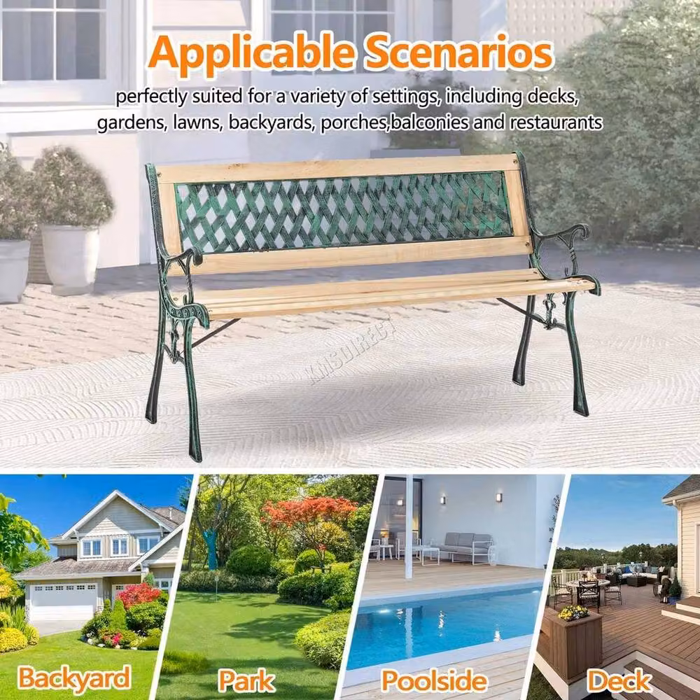 NESTLUNE 3 Seater Outdoor Wooden Garden Bench with Cross Lattice Cast Iron in Green, W: 122 cm, D: 15 cm, H: 100 cm – 4