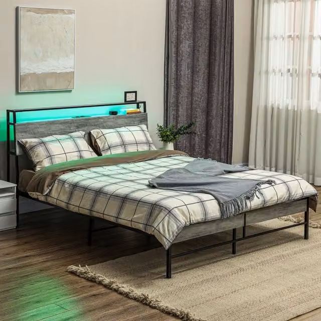 HOMCOM Double Bed Frame with LED Under-Bed Lighting, USB Charging Ports and Side Compartments, Cement Grey, 140 x 200 cm