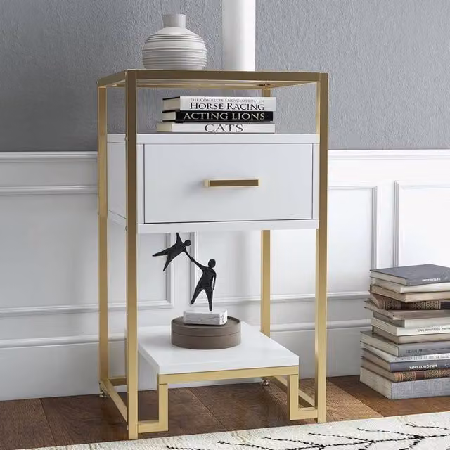 KORVIXA Modern White and Gold Nightstand End Table with Drawer Storage
