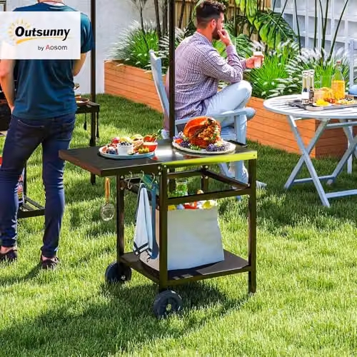 Outsunny Black Foldable BBQ Trolley and Pizza Oven Side Table with Wheels – 2