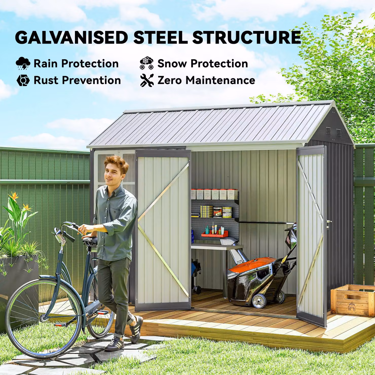 OUTSUNNY Metal Garden Storage Shed with Double Doors, Window and Sloped Roof, Grey, W: 243.84 cm, D: 182.88 cm, H: 171.0 cm – 4