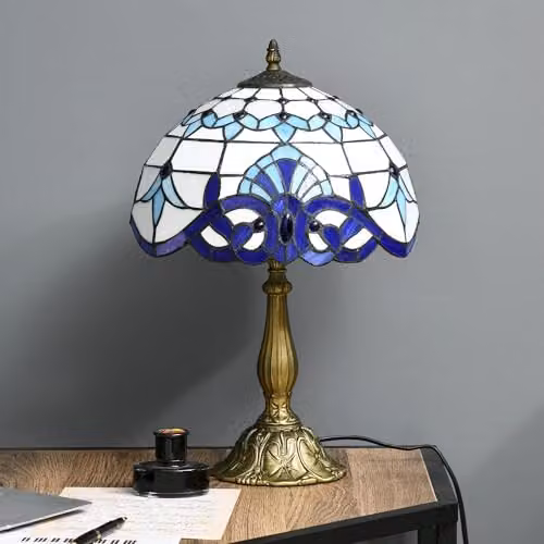 HOMCOM Tiffany Stained Glass Table Lamp in Blue with Antique Copper and Gold/Brass Finish – 5
