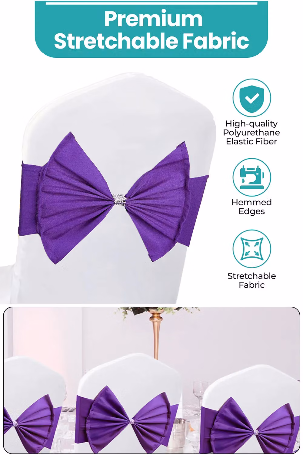Neel Blue Pack of 10 Purple Stretchy Chair Sash Bands with Slider Buckles for Parties and Events – 3