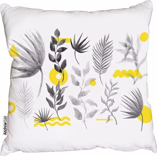 Andrew Lee Halftone Floral Juxtaposed Bright Bold Leaves Foliage Cushion, Yellow and White, W: 60 cm, H: 60 cm, D: 60 cm