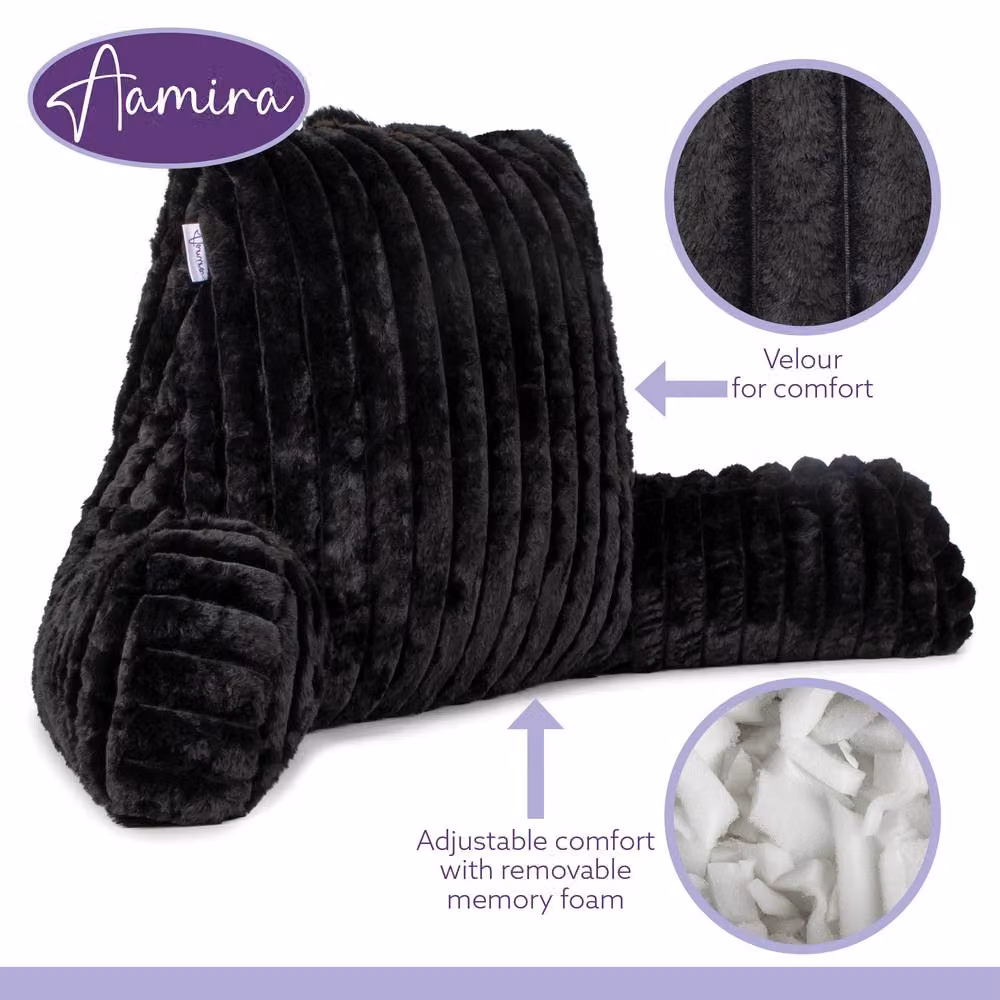 Aamira Black Faux Fur Ribbed Memory Foam Wedge Reading Pillow Support Cushion – 8
