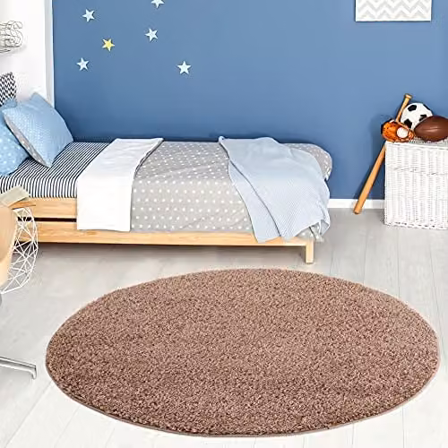 THE RUGS Beige Plain Soft High Pile Shaggy Round Rug, Diameter: 120 cm – 1