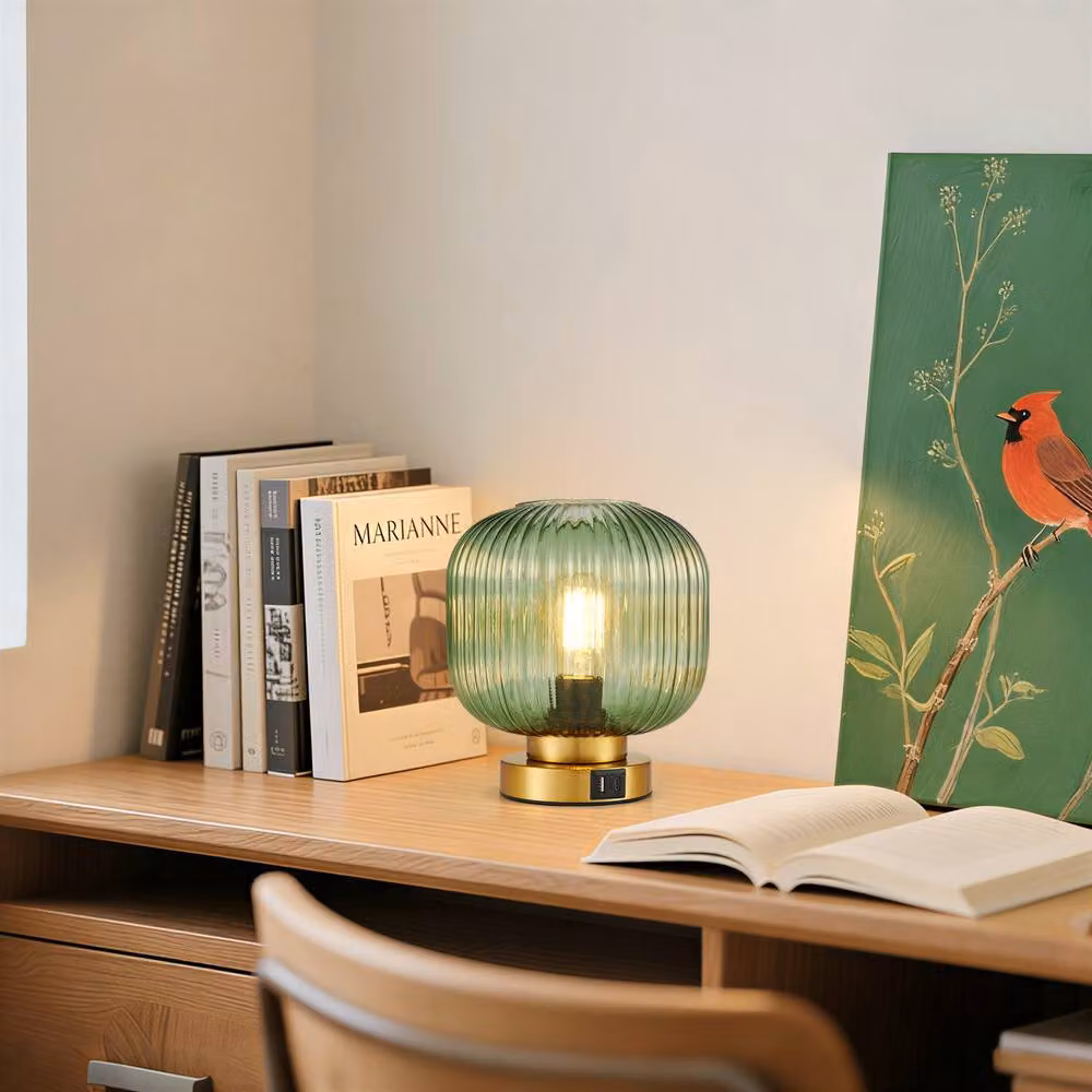 Harper Living Dimmable Touch Control Table Lamp with Green Glass Dome Shade and Gold Brass Base – 6