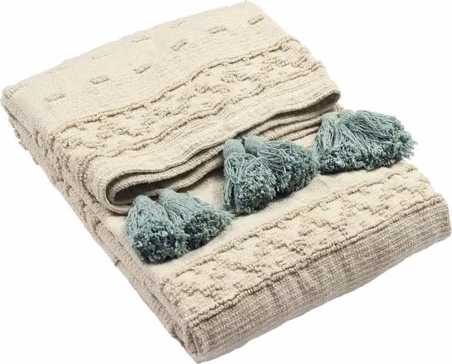 Boho Geometric Woven Cotton Tufted Throw with Fringes in Green and Beige