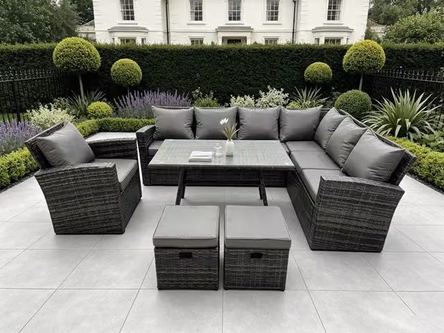 Fimous 6 Seater Rattan Garden Dining Set with Rectangular Glass Top Table in Grey