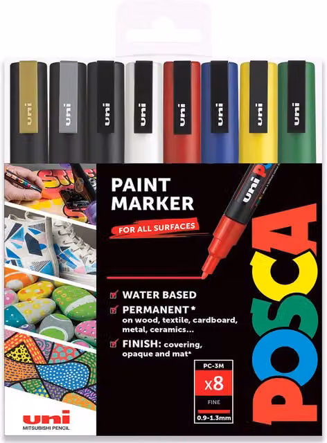 POSCA PC-3M Paint Marker Set with Bullet Nib, Foundation Colour, Pack of 8