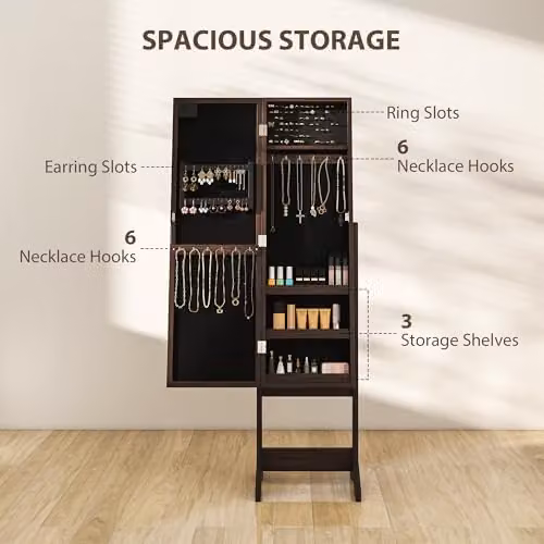 HOMCOM Freestanding LED Mirrored Jewelry Cabinet in Brown, H 136 x W 36 x D 30 cm – 2