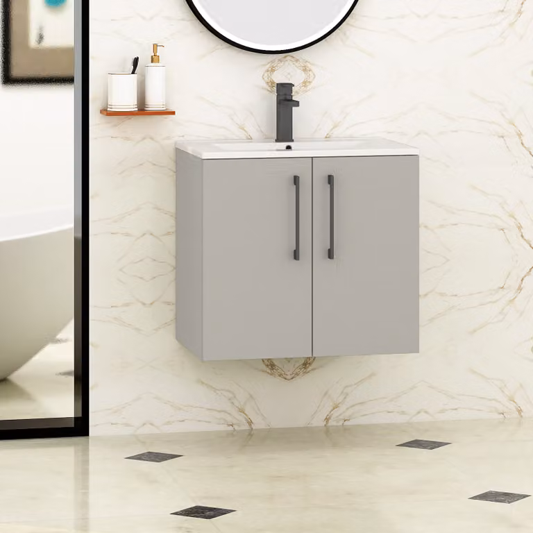 Royal Bathrooms Modena 800mm Wall Hung Vanity Unit with Minimalist Basin in Satin Grey and Black Handles