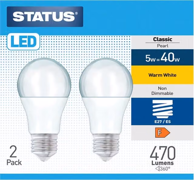Status Pack of 2 Classic Pearl LED Lightbulbs, 5W, Warm White, E27 Edison Screw