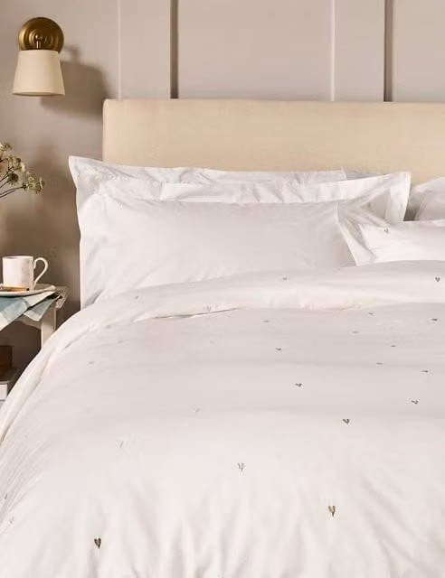 Sophie Allport Love Hearts Cotton Percale Bedding Set, Beige and White, W: 140 cm, L: 200 cm