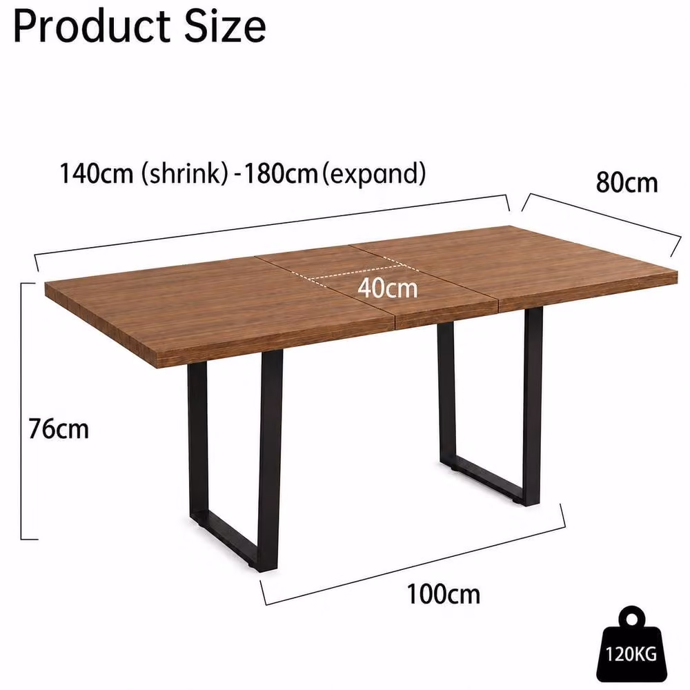 HomeTouch Modern Extendable Dining Table in Walnut and Black with Robust Metal Legs, W: 140 cm, D: 80 cm, H: 76 cm – 4