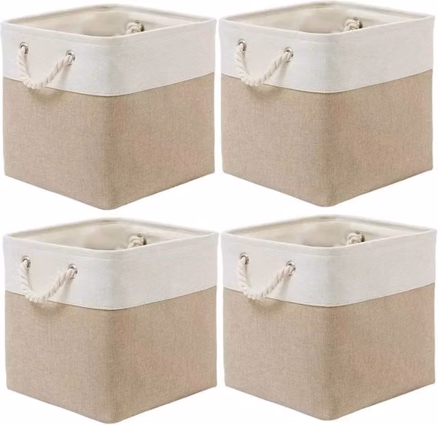 Kelvenix Set of 4 Beige Foldable Fabric and Metal Storage Box Baskets, W: 50 cm, D: 50 cm, H: 50 cm