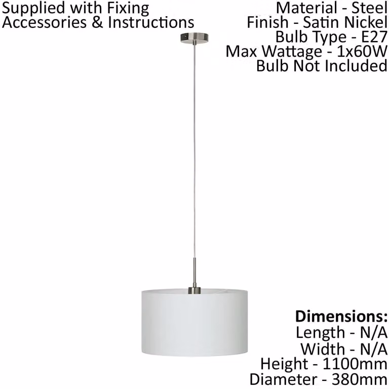 Loops Pendant Light in Satin Nickel and White Fabric with E27 Bulb Holder