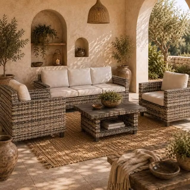 Wyld Haus Coneno 6 Piece Modular Rattan and Metal Outdoor Sofa Set in Light Grey
