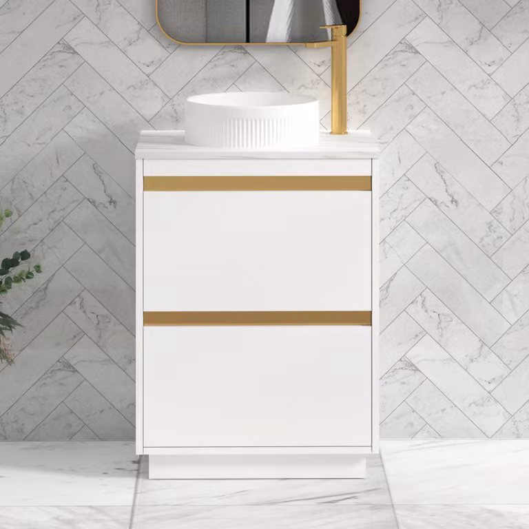 Royal Bathrooms Orion 800mm Matt White Floor Standing Countertop Vanity Unit with 2 Drawers, Round Basin and Brushed Brass Accent Trim