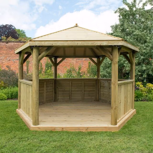 Forest Hexagonal Timber Garden Gazebo in Brown with Hip Roof