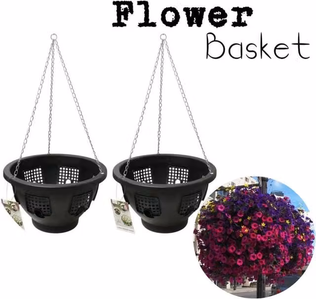 FLAVORA 2-Piece Black Plastic Hanging Garden Planter Baskets, Diameter: 30.48 cm
