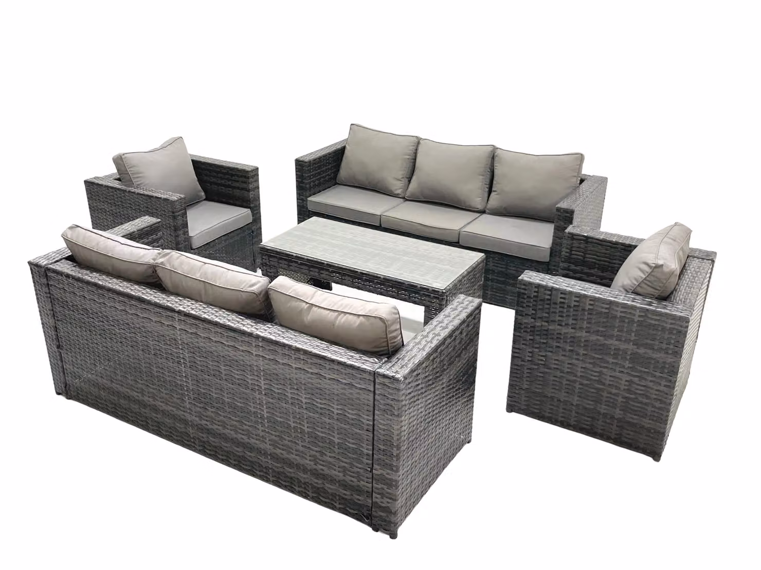 Fimous Rattan Garden Furniture Set in Dark Grey with Upholstered Cushions, Coffee Table, Armchairs and Sofas – 2